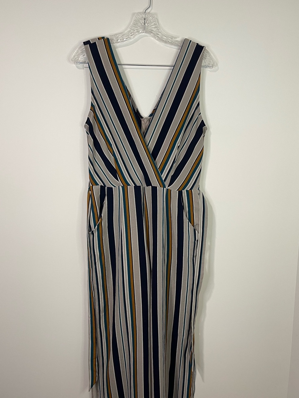 Monteau Striped V-Neck Maxi romper in Navy, Cream and Mustard